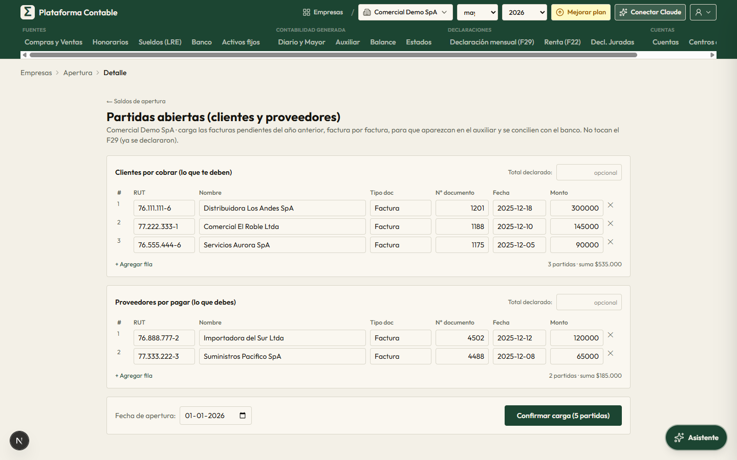 Revisión de las partidas abiertas, con clientes y proveedores listos para confirmar