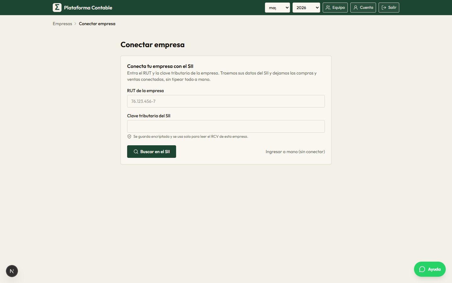 Pantalla para conectar una empresa con su RUT y clave tributaria del SII