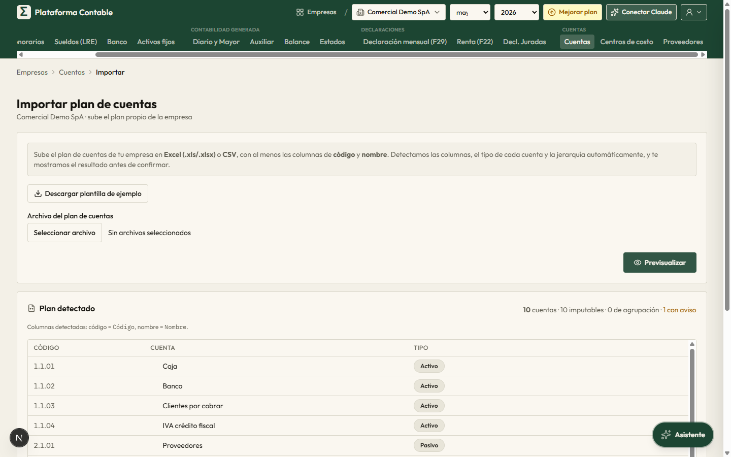 Plan detectado tras subir el archivo, con cada cuenta y el tipo que la plataforma asignó
